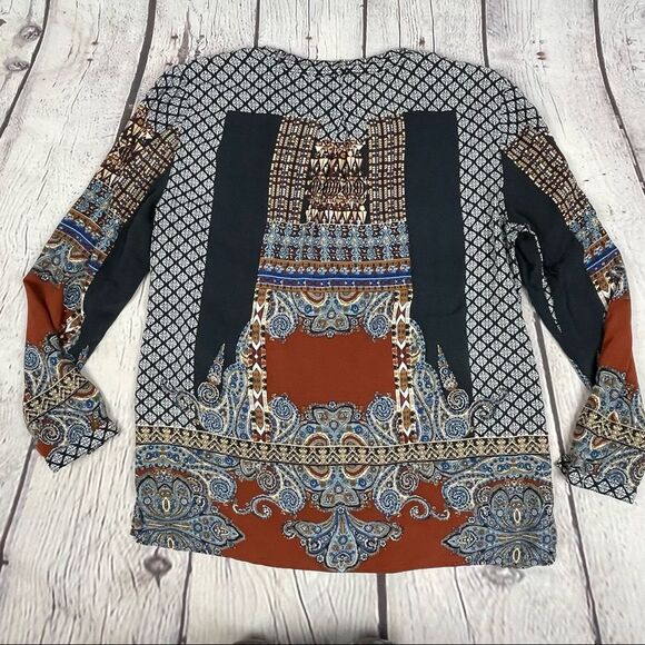 TRIBAL JEANS women's longsleeve top boho mixed print tassel peasant style size S - Picture 7 of 11